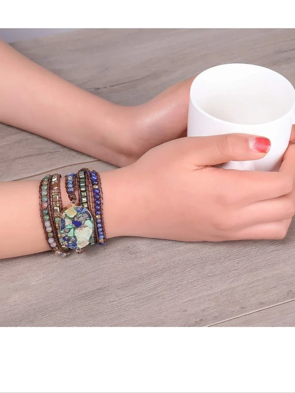 Multicolor Beaded Wrap Bracelet with Green-Blue Stone Accent